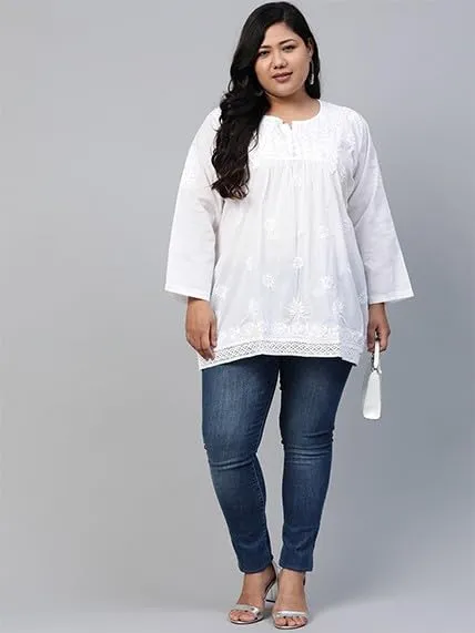 Ada Hand Embroidered Lucknow Chikankari White Cotton Short Kurti Top Tunic for Women A208706 (2XL)