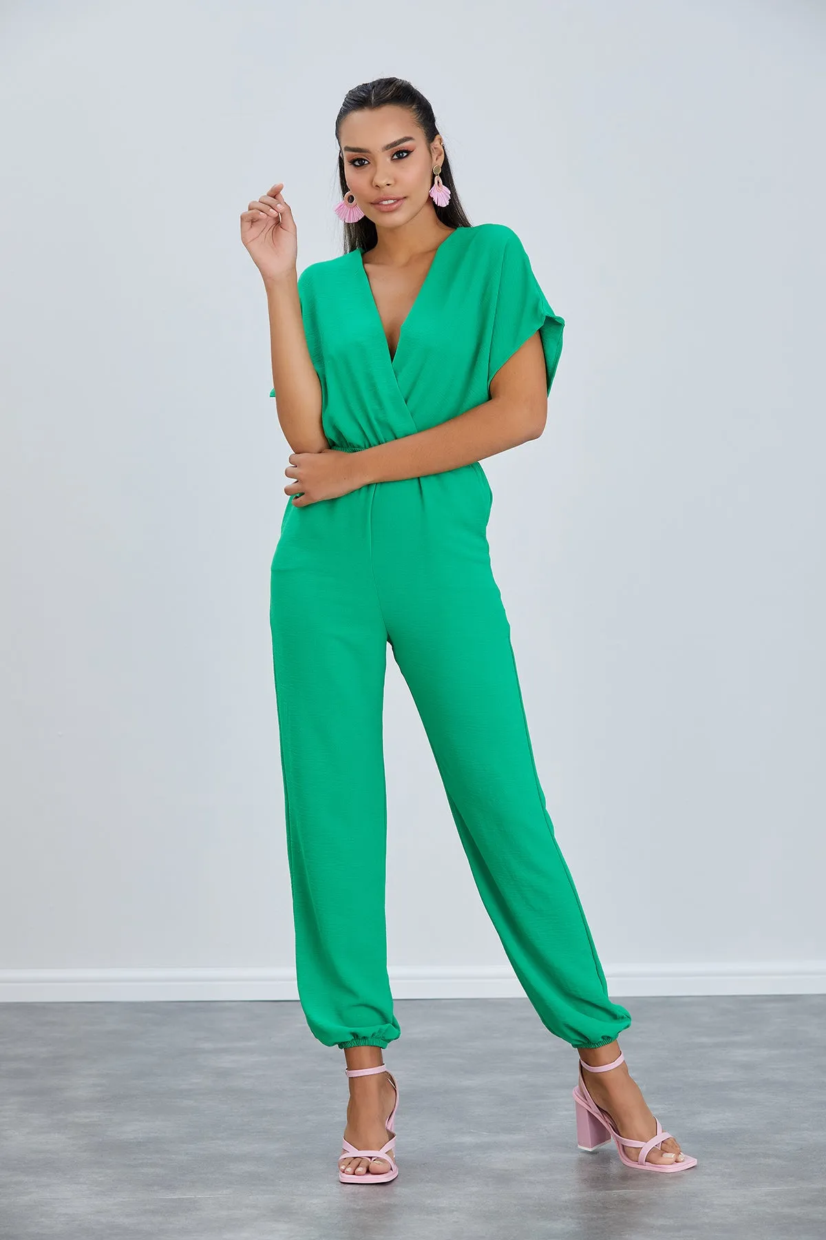 Batwing Sleeve Jumpsuit with Elastic Waist in Emerald Green