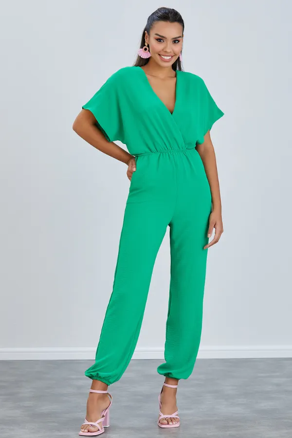 Batwing Sleeve Jumpsuit with Elastic Waist in Emerald Green