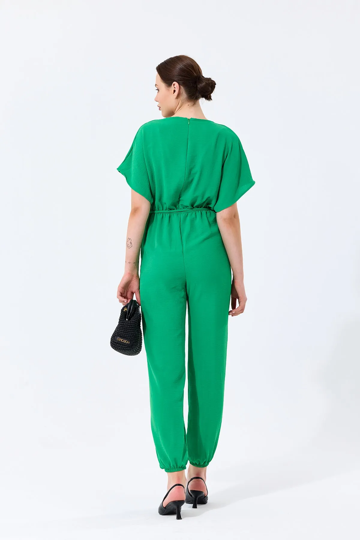 Batwing Sleeve Jumpsuit with Elastic Waist in Emerald Green