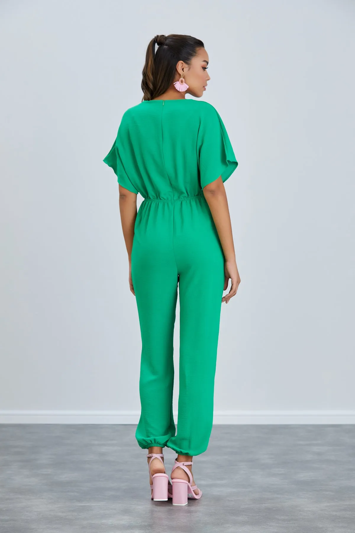 Batwing Sleeve Jumpsuit with Elastic Waist in Emerald Green