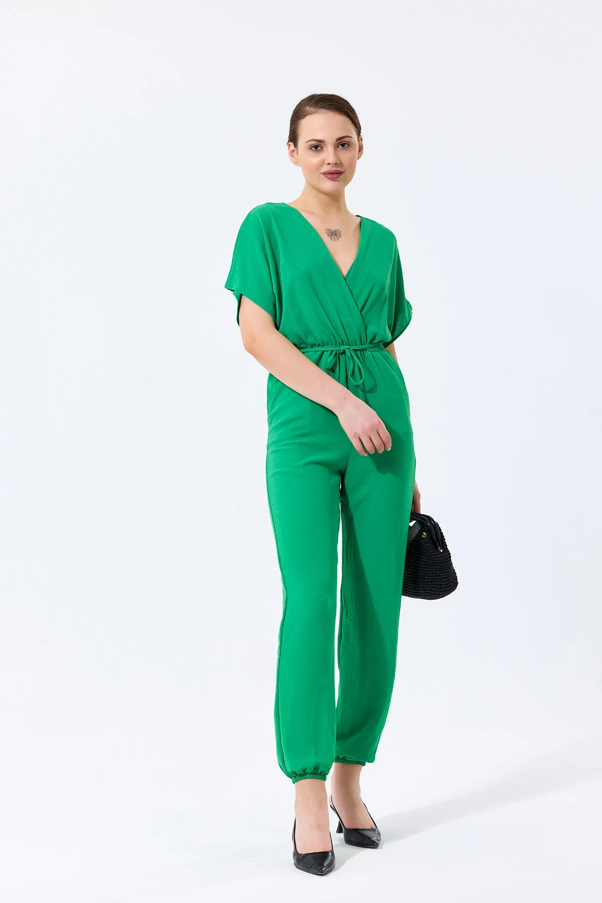 Batwing Sleeve Jumpsuit with Elastic Waist in Emerald Green