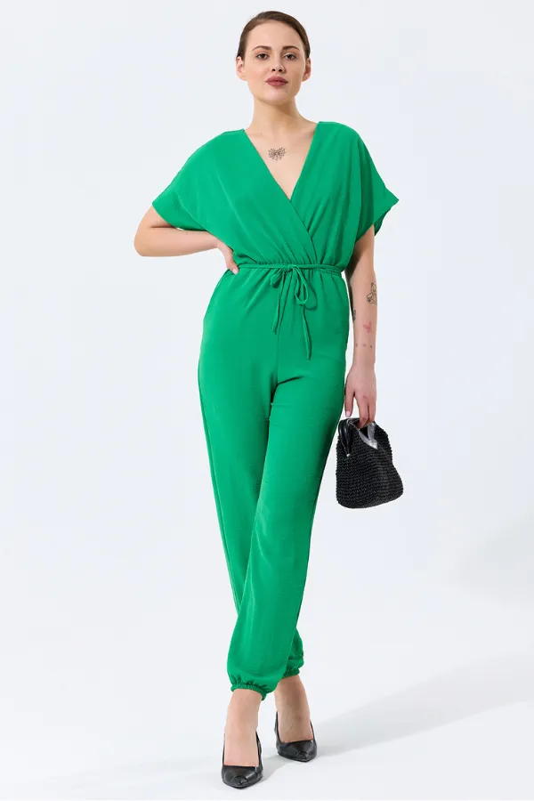 Batwing Sleeve Jumpsuit with Elastic Waist in Emerald Green