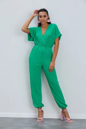 Batwing Sleeve Jumpsuit with Elastic Waist in Emerald Green