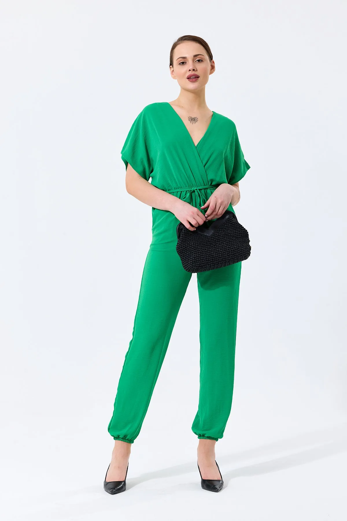 Batwing Sleeve Jumpsuit with Elastic Waist in Emerald Green