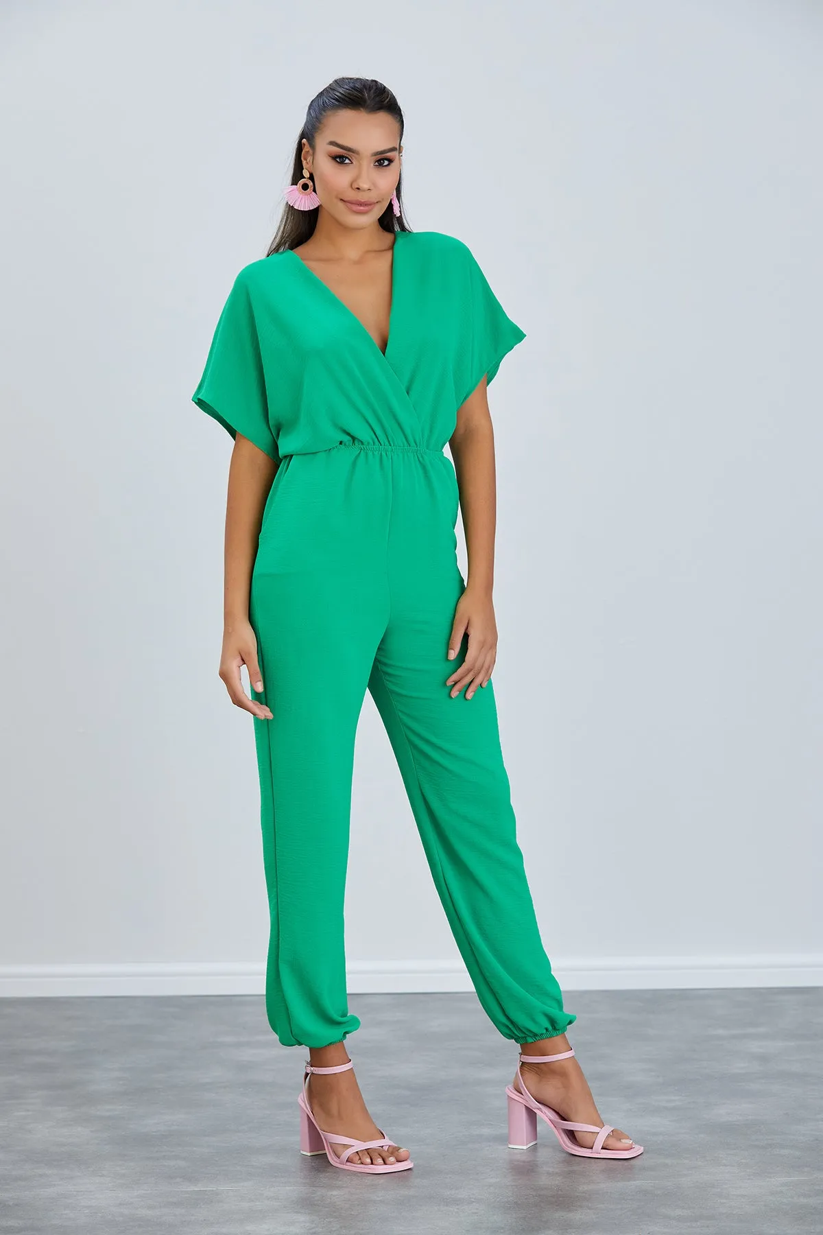 Batwing Sleeve Jumpsuit with Elastic Waist in Emerald Green