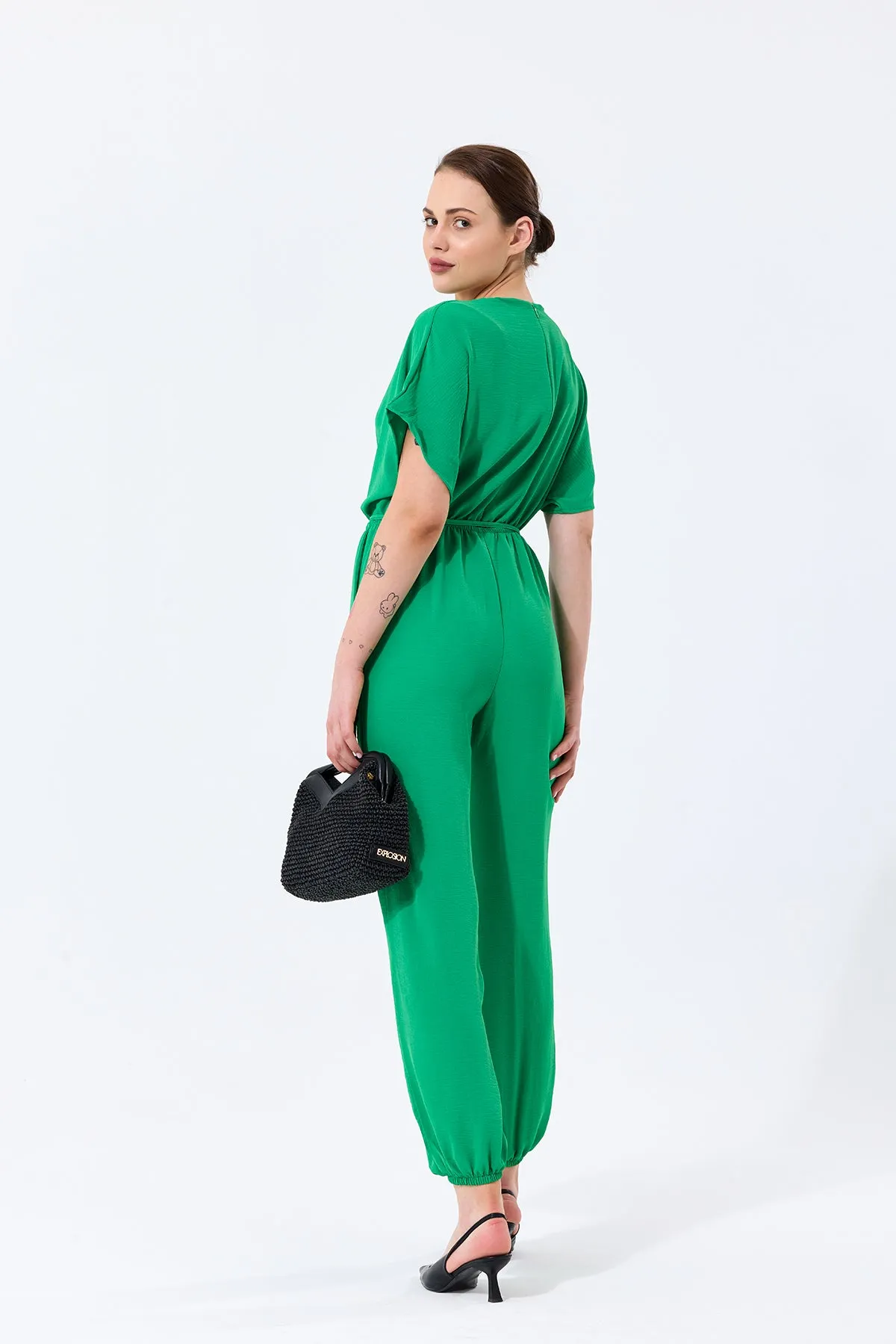 Batwing Sleeve Jumpsuit with Elastic Waist in Emerald Green