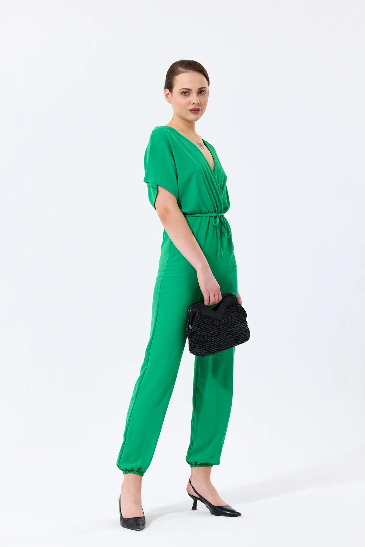 Batwing Sleeve Jumpsuit with Elastic Waist in Emerald Green