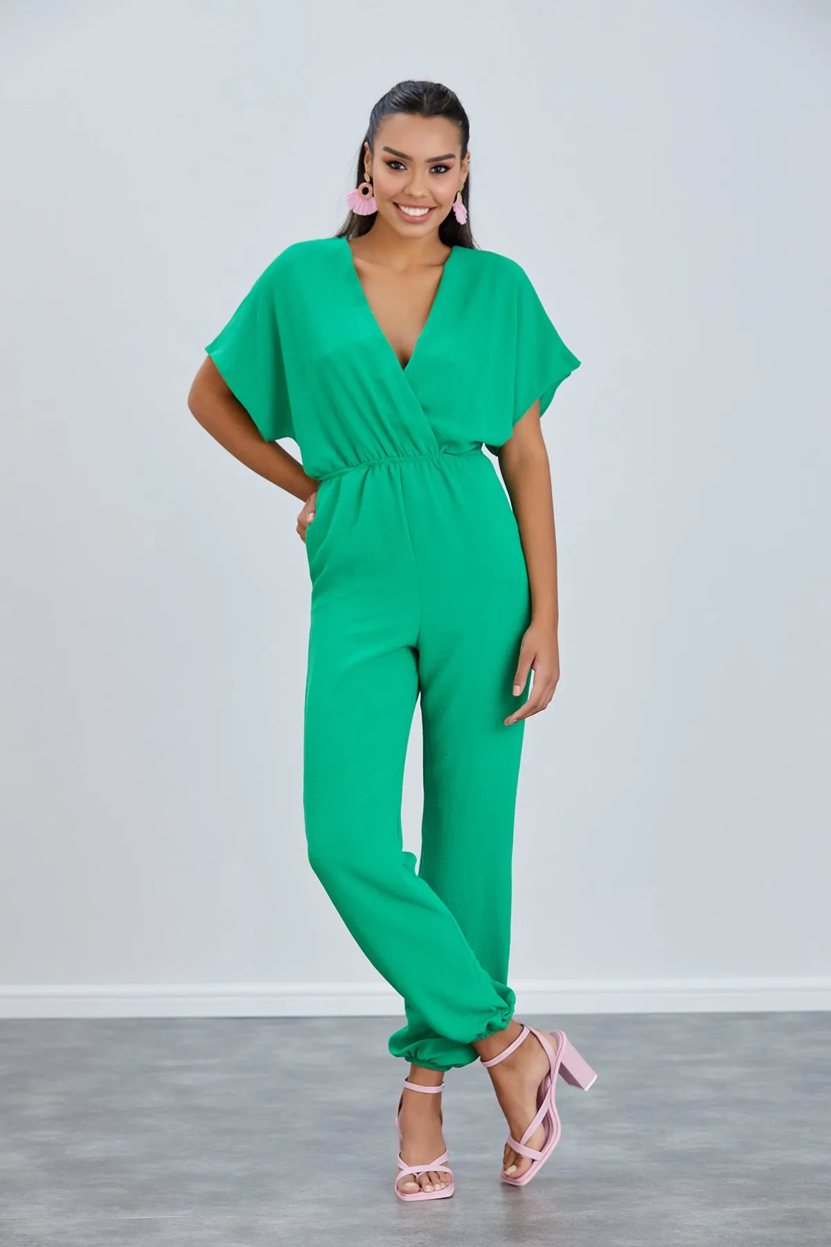 Batwing Sleeve Jumpsuit with Elastic Waist in Emerald Green