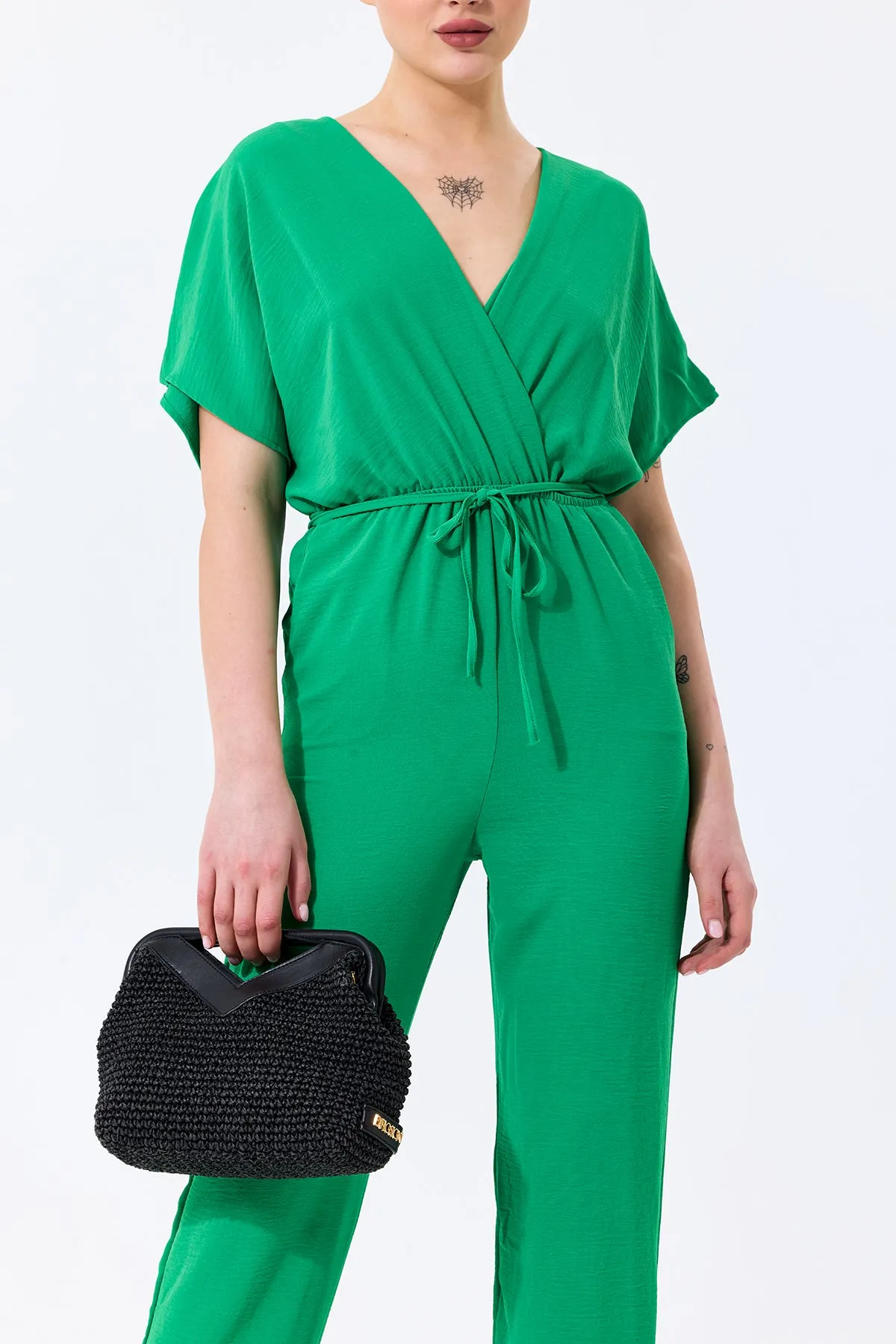 Batwing Sleeve Jumpsuit with Elastic Waist in Emerald Green
