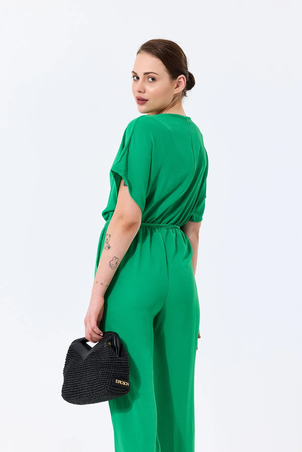 Batwing Sleeve Jumpsuit with Elastic Waist in Emerald Green