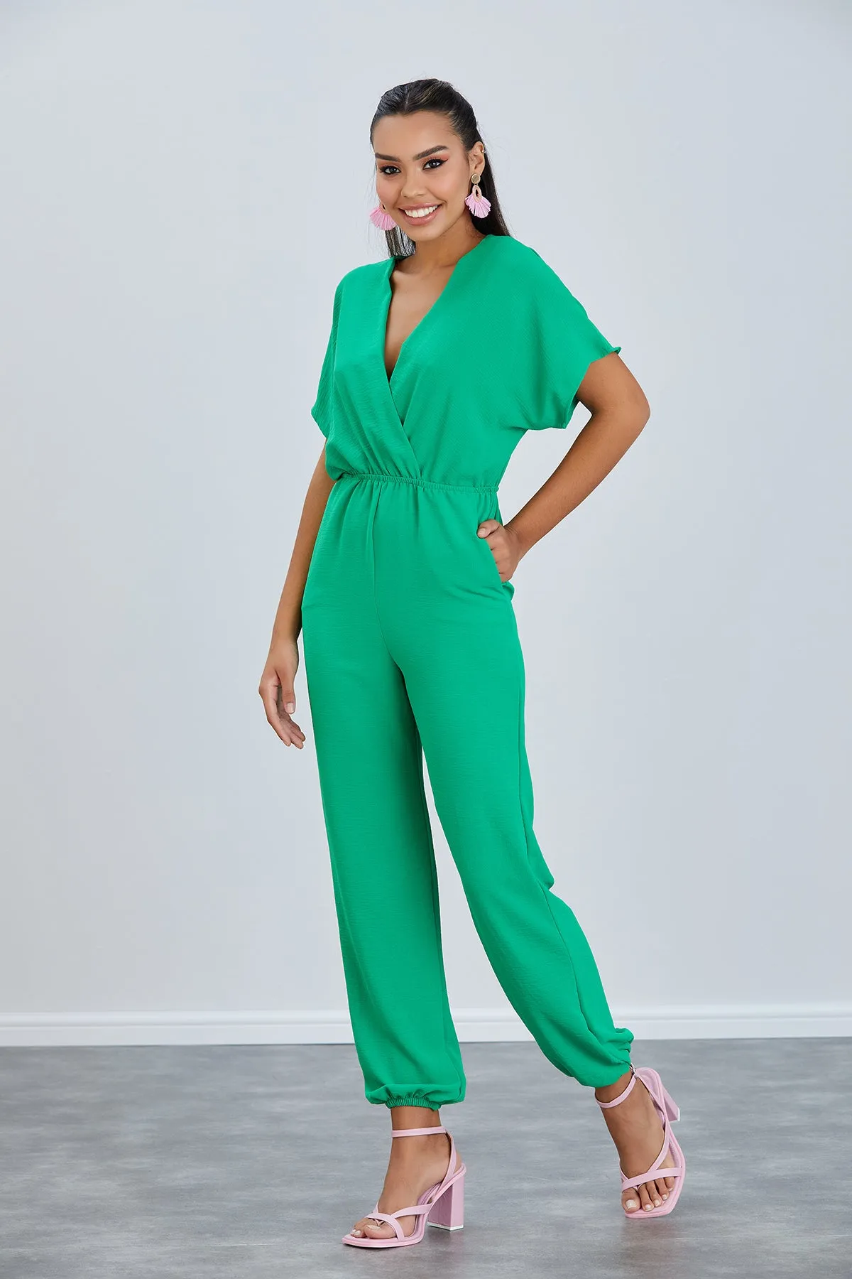 Batwing Sleeve Jumpsuit with Elastic Waist in Emerald Green
