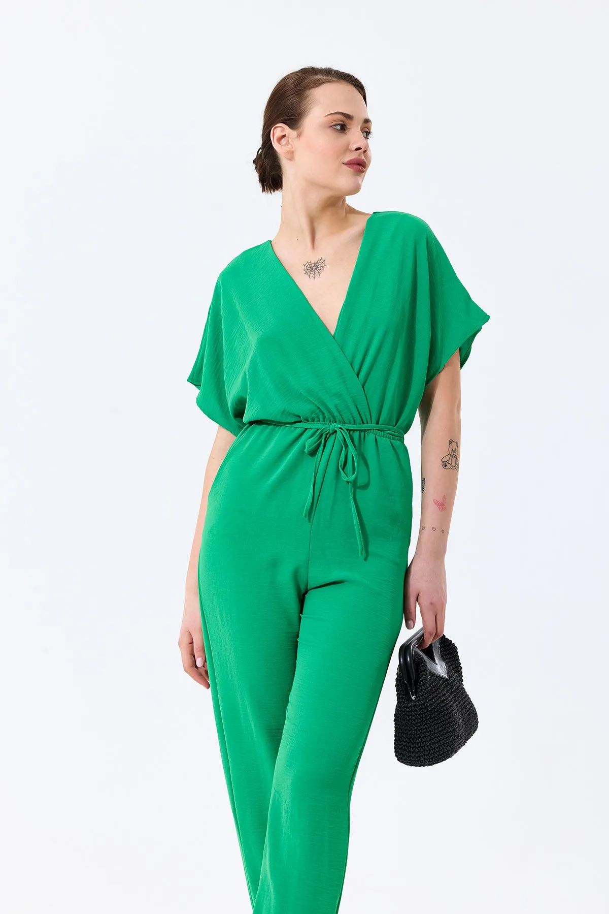 Batwing Sleeve Jumpsuit with Elastic Waist in Emerald Green