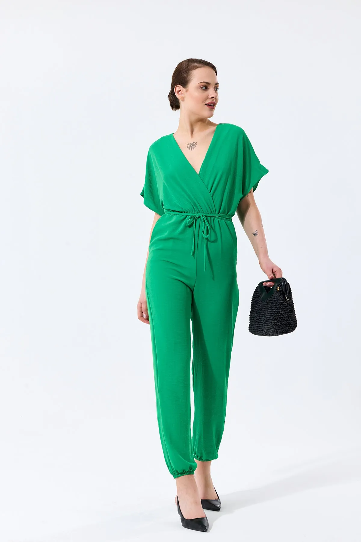 Batwing Sleeve Jumpsuit with Elastic Waist in Emerald Green