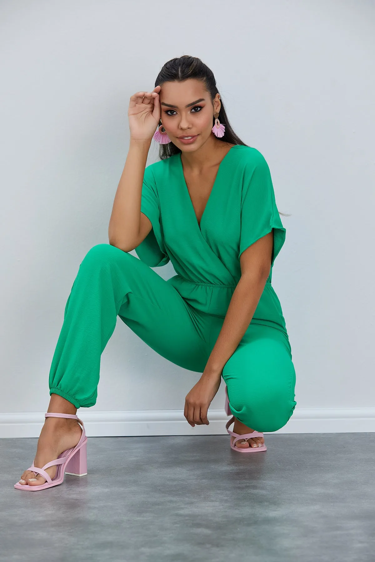 Batwing Sleeve Jumpsuit with Elastic Waist in Emerald Green