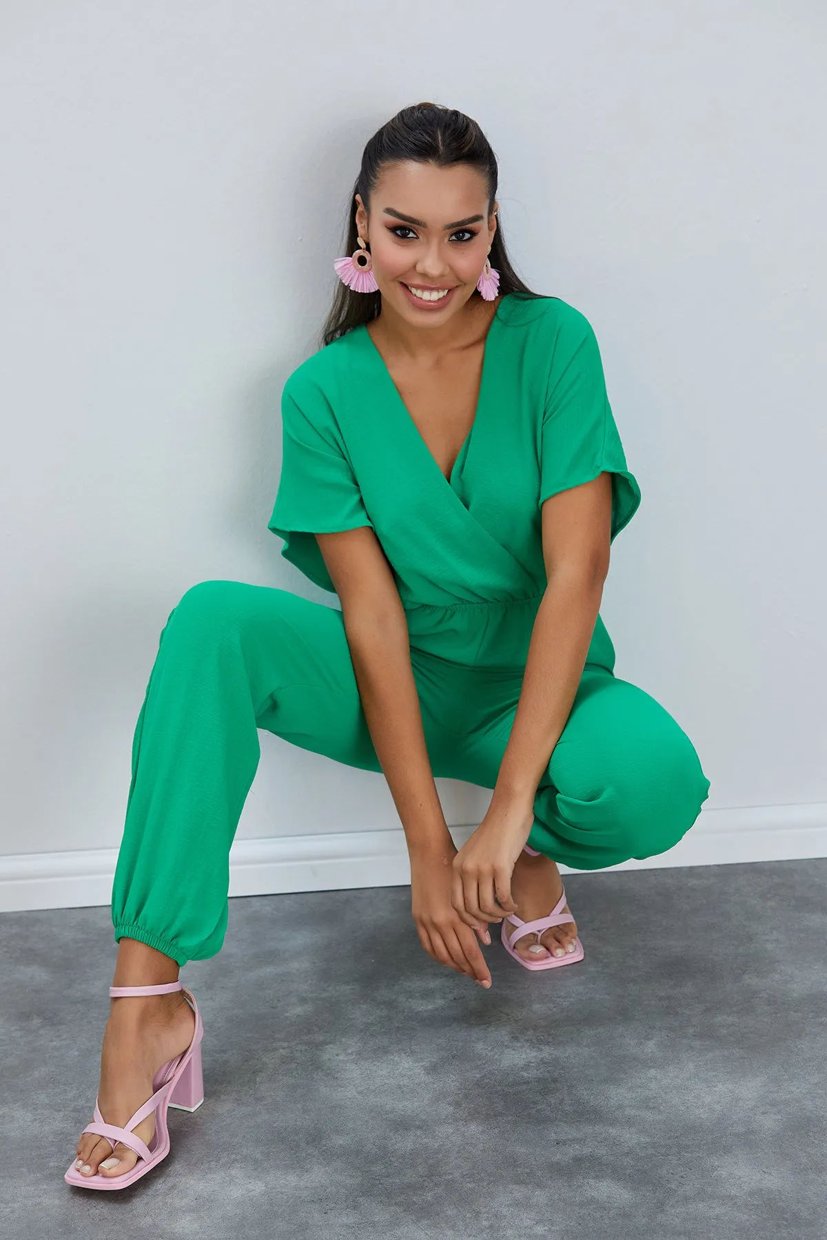 Batwing Sleeve Jumpsuit with Elastic Waist in Emerald Green