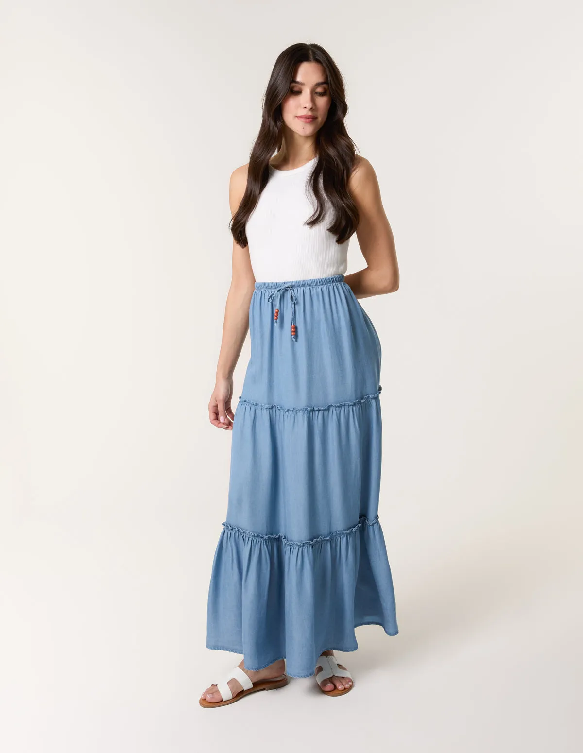 Beaded Tiered Midi Skirt