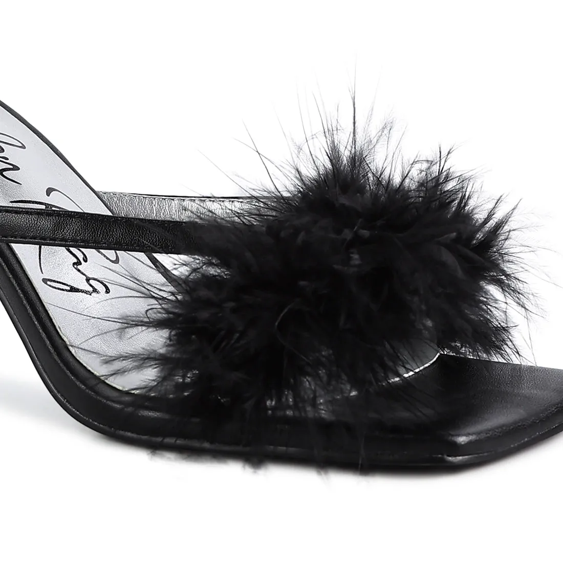 Black Feather Detail Slip-On Sandals