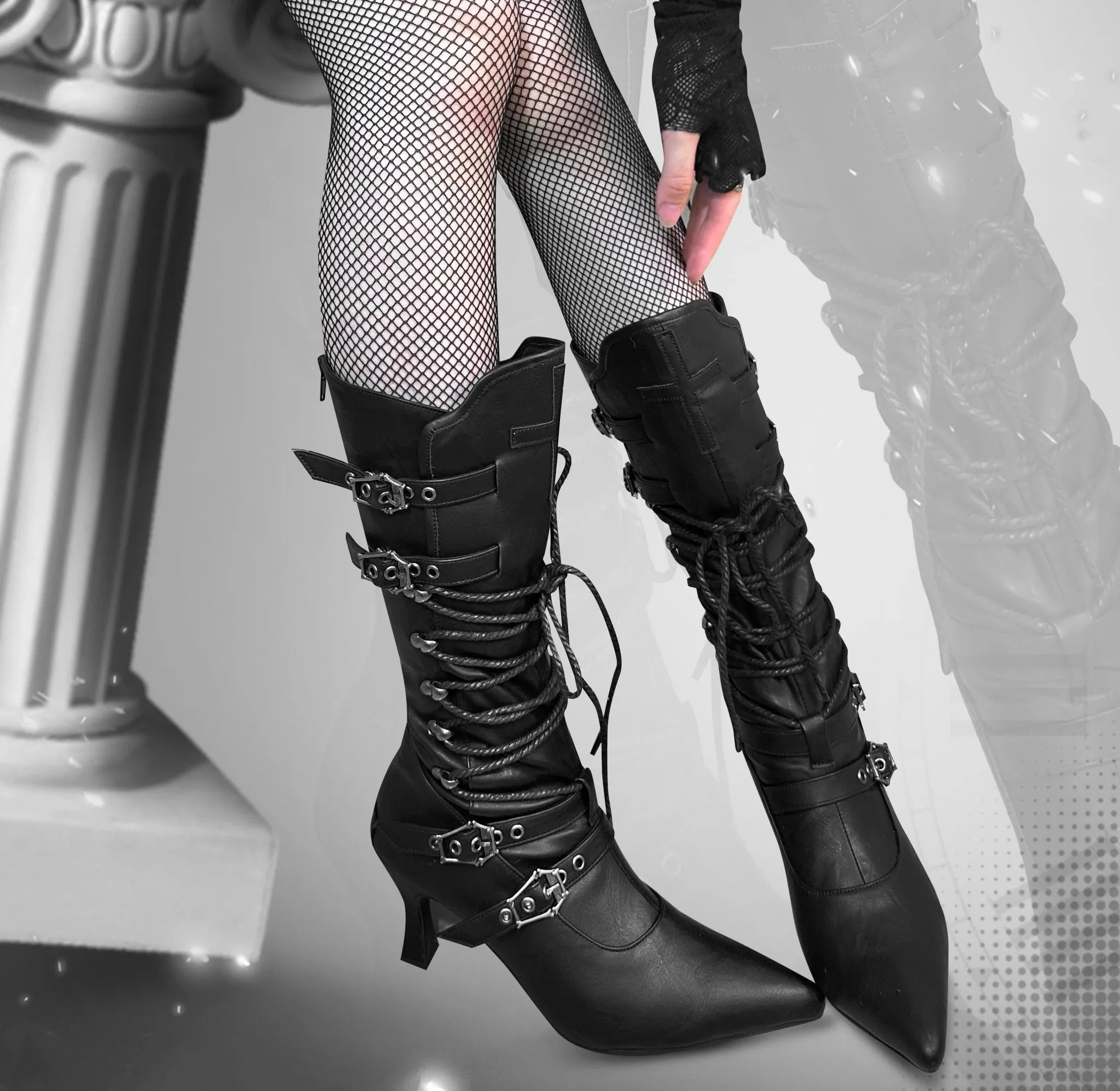 Black Lace-Up Gothic Knee-High Boots with Buckles - Gothic Heels