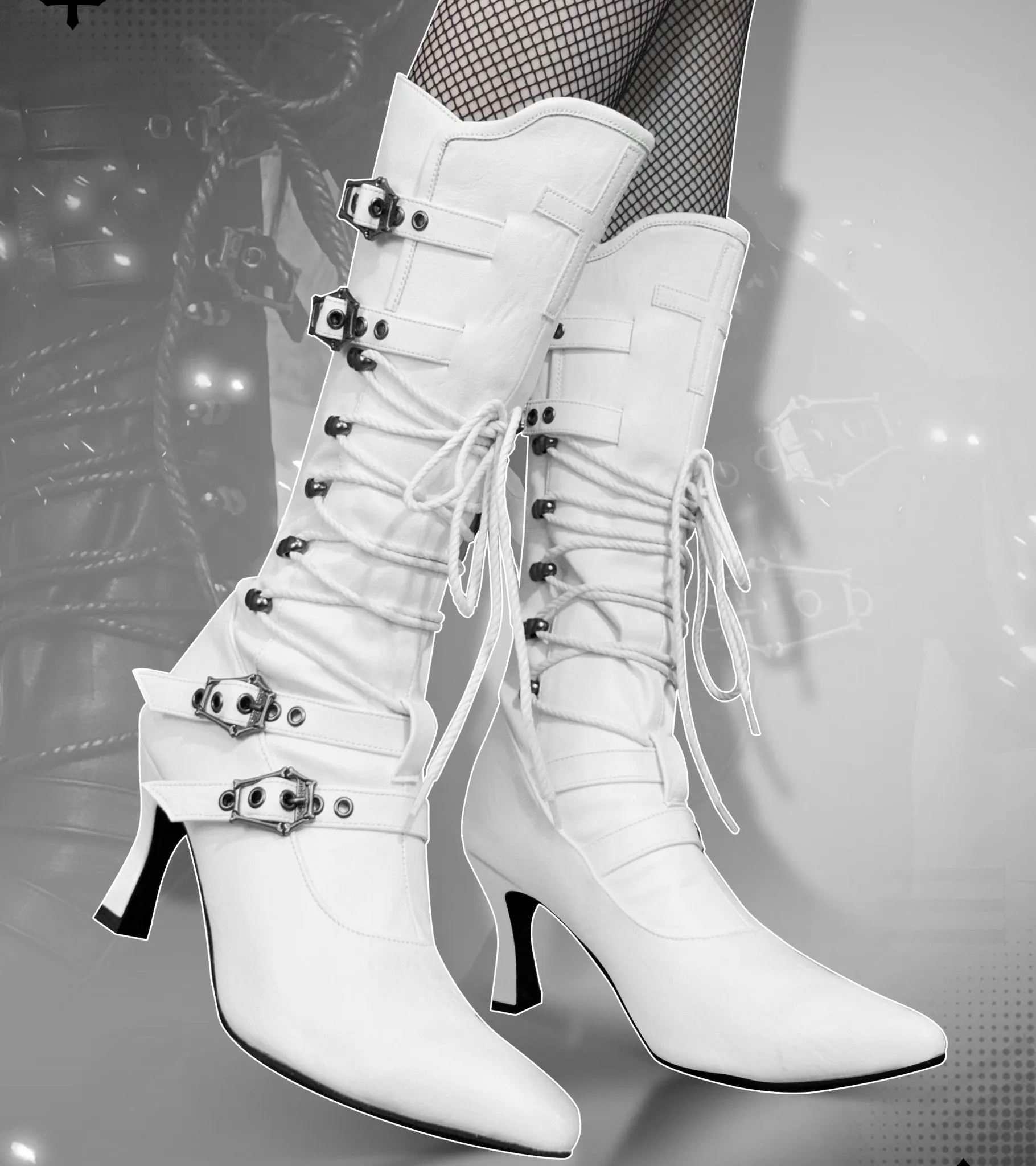 Black Lace-Up Gothic Knee-High Boots with Buckles - Gothic Heels