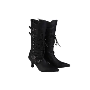 Black Lace-Up Gothic Knee-High Boots with Buckles - Gothic Heels