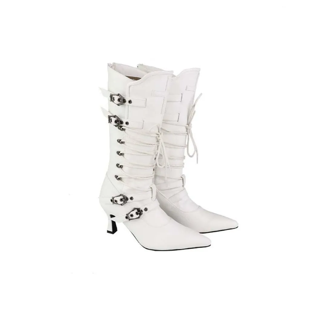 Black Lace-Up Gothic Knee-High Boots with Buckles - Gothic Heels