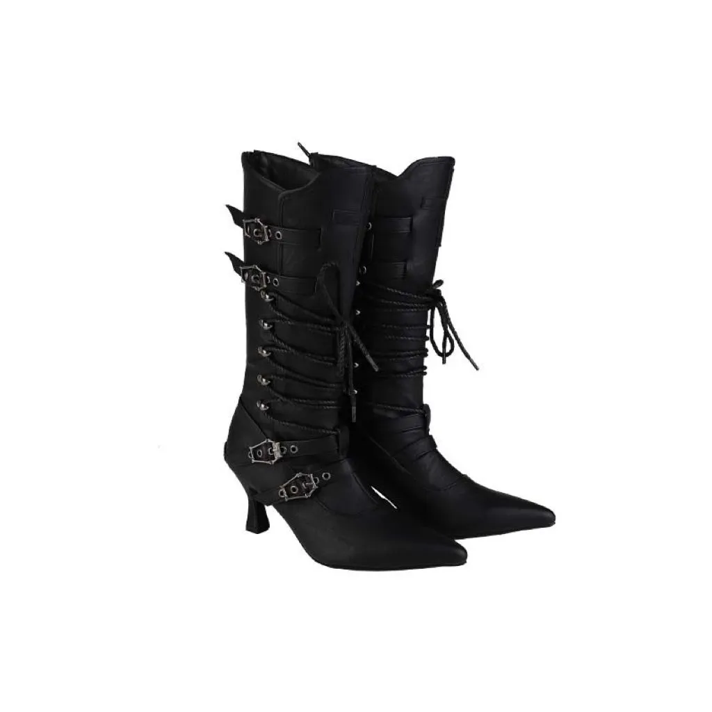 Black Lace-Up Gothic Knee-High Boots with Buckles - Gothic Heels