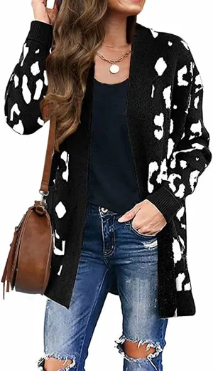 Black Women's Open Front Leopard Knit Cardigan Sweaters Pockets Long Sleeve Outwear - MEROKEETY