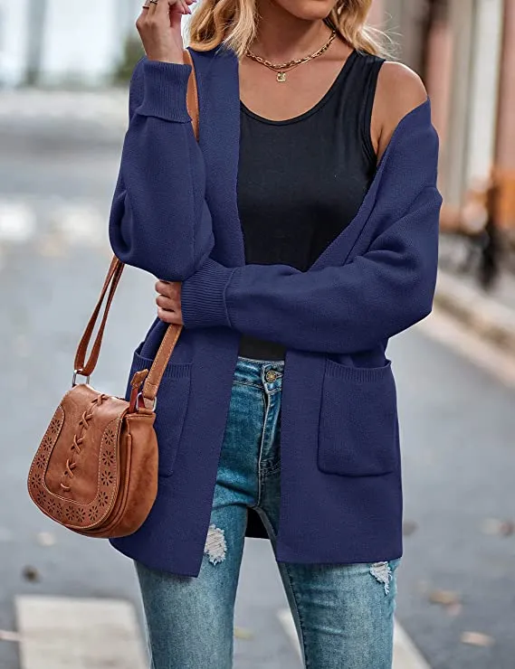 Black Women's Open Front Leopard Knit Cardigan Sweaters Pockets Long Sleeve Outwear - MEROKEETY