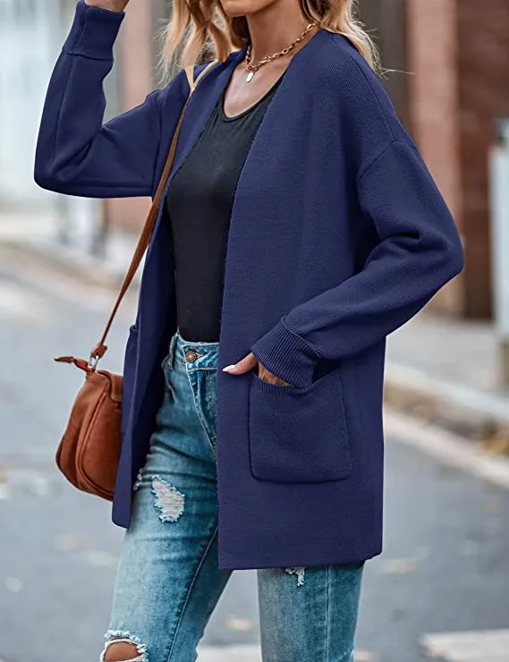 Black Women's Open Front Leopard Knit Cardigan Sweaters Pockets Long Sleeve Outwear - MEROKEETY