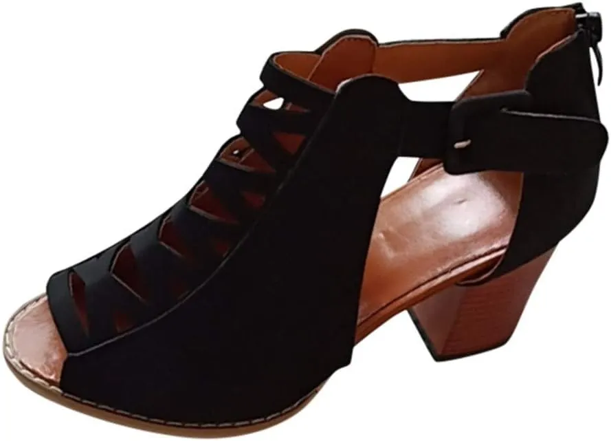 Cathalem Sandals For Women Casual Summer Fashion Breathable Hollow Out Chunky Heel Sandals With Buckle Strap