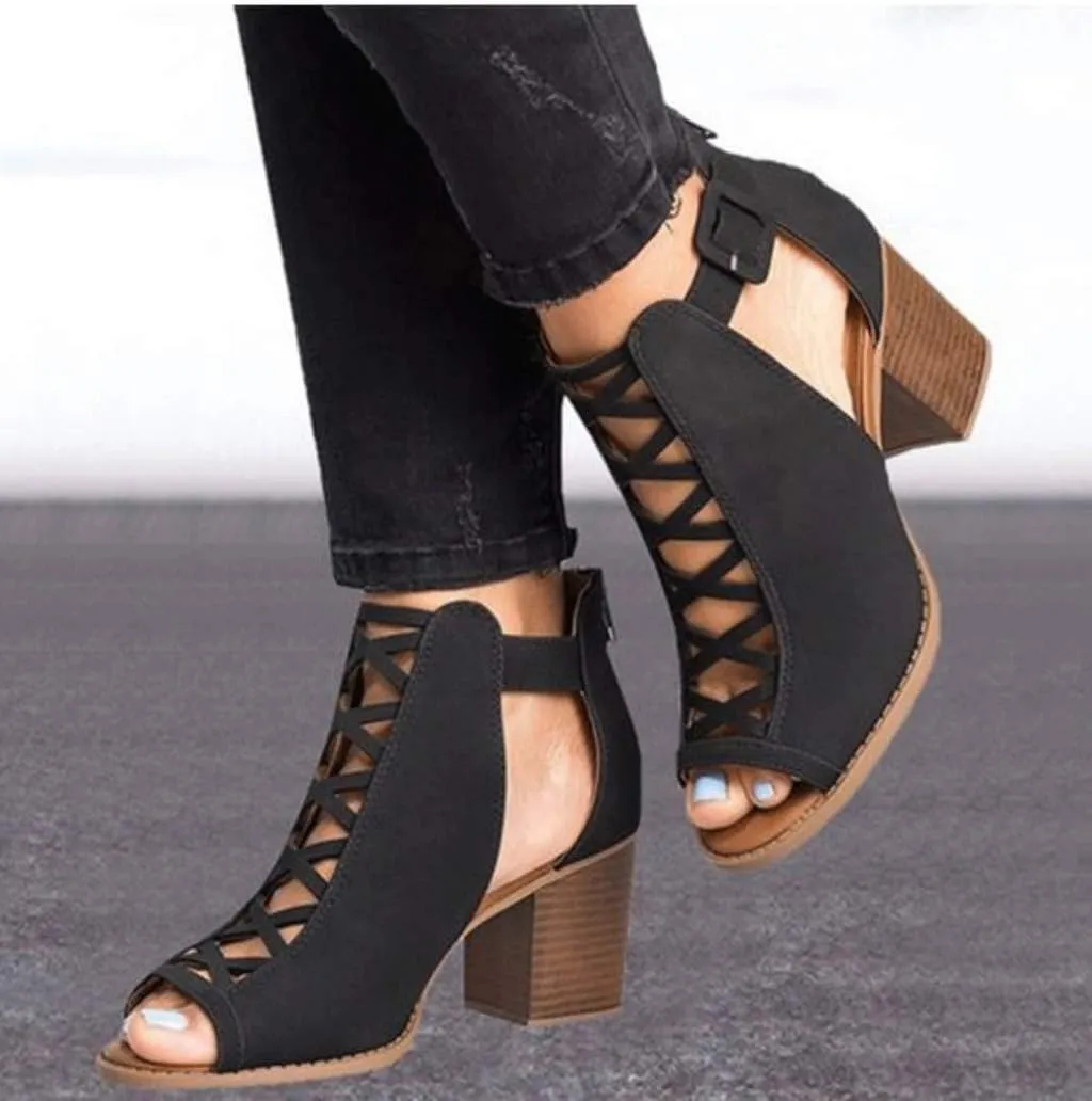 Cathalem Sandals For Women Casual Summer Fashion Breathable Hollow Out Chunky Heel Sandals With Buckle Strap
