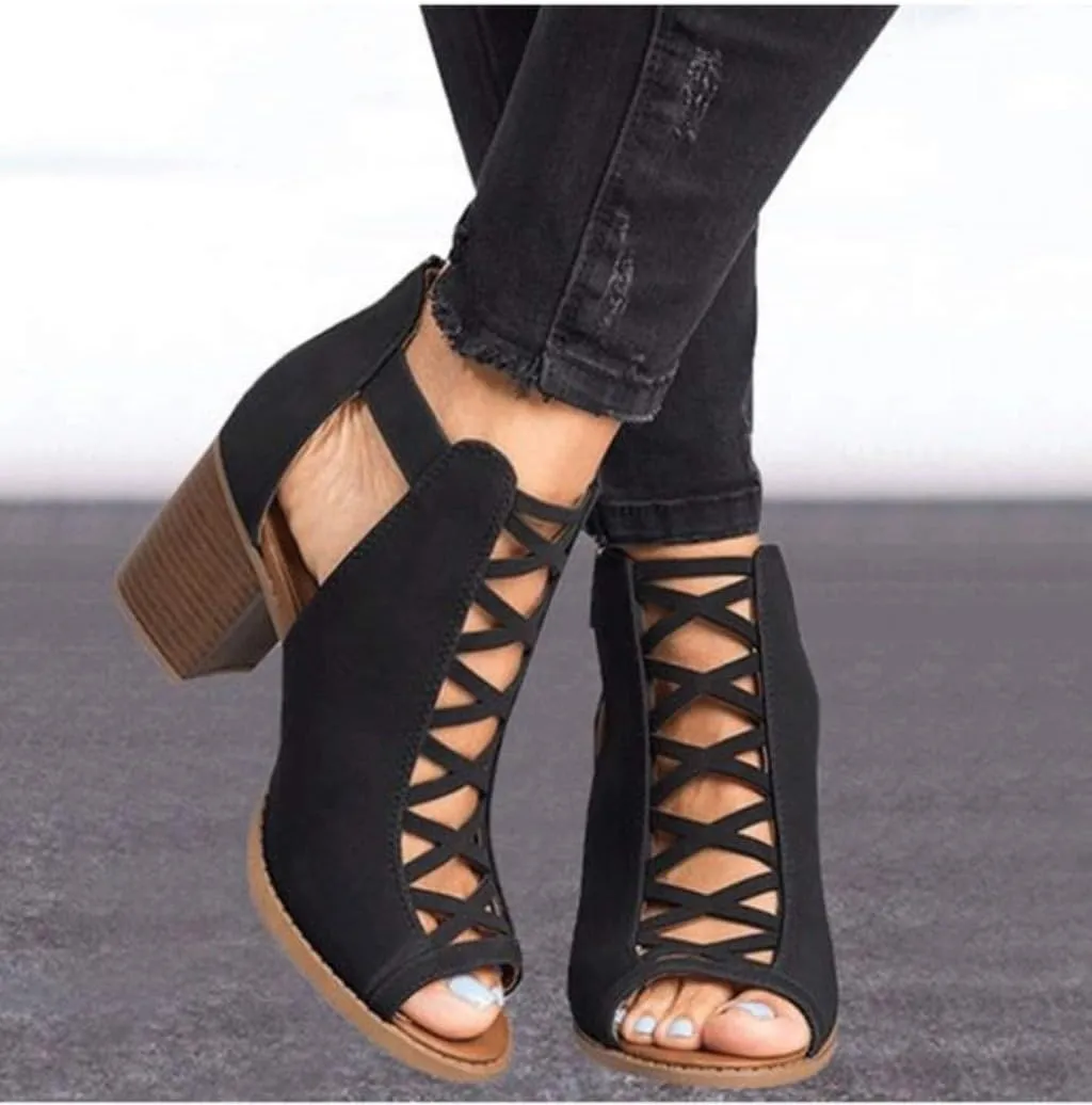 Cathalem Sandals For Women Casual Summer Fashion Breathable Hollow Out Chunky Heel Sandals With Buckle Strap