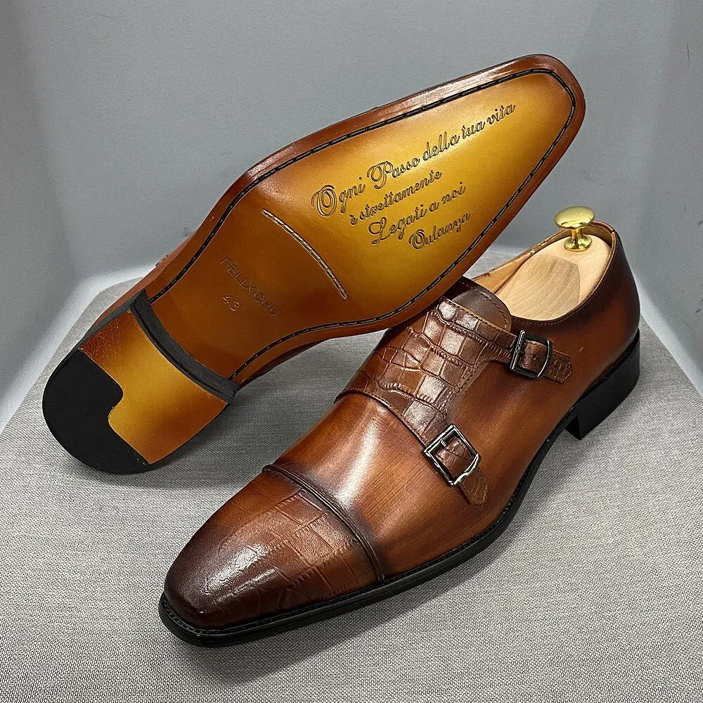 Croc-Embossed Veltique Monk Shoes