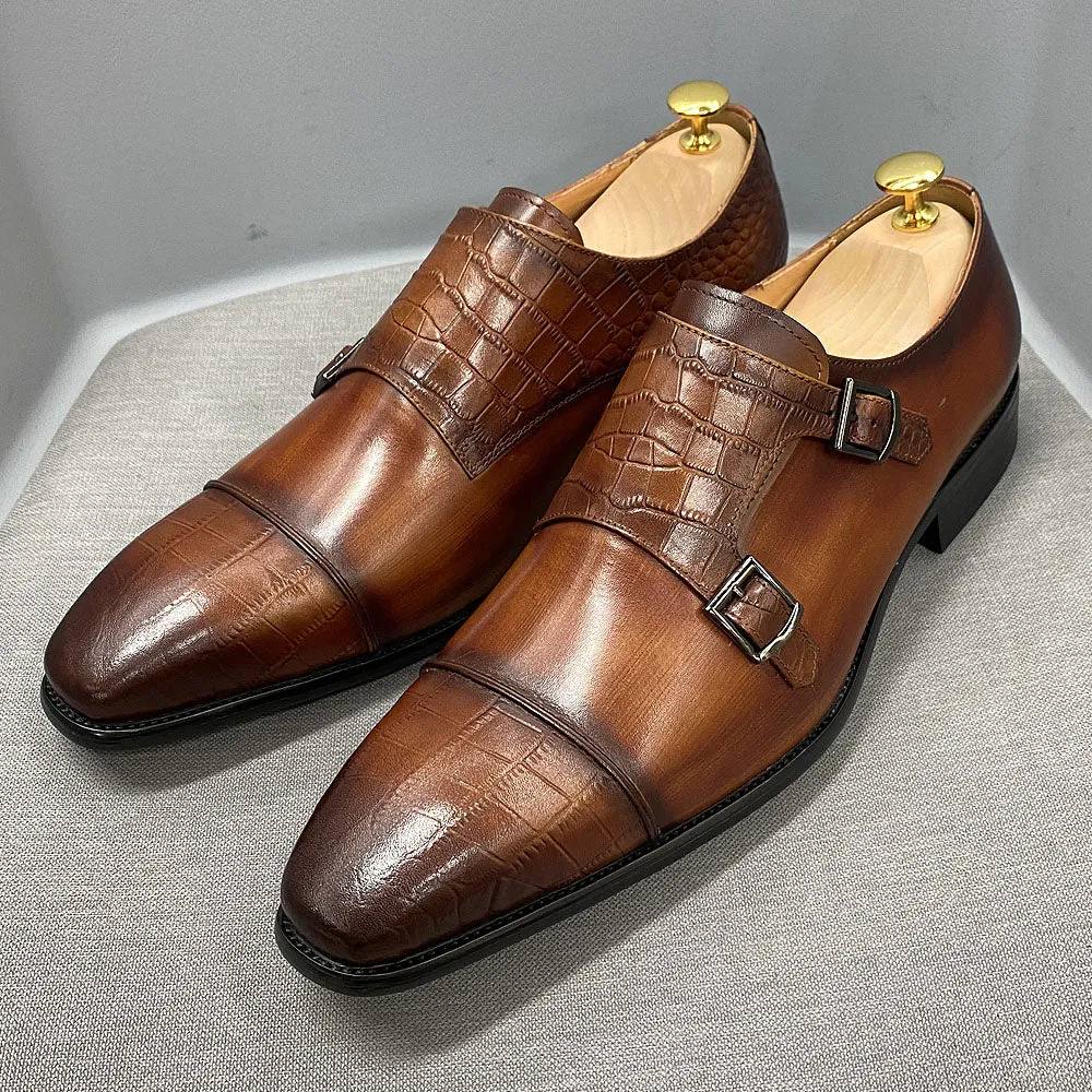 Croc-Embossed Veltique Monk Shoes