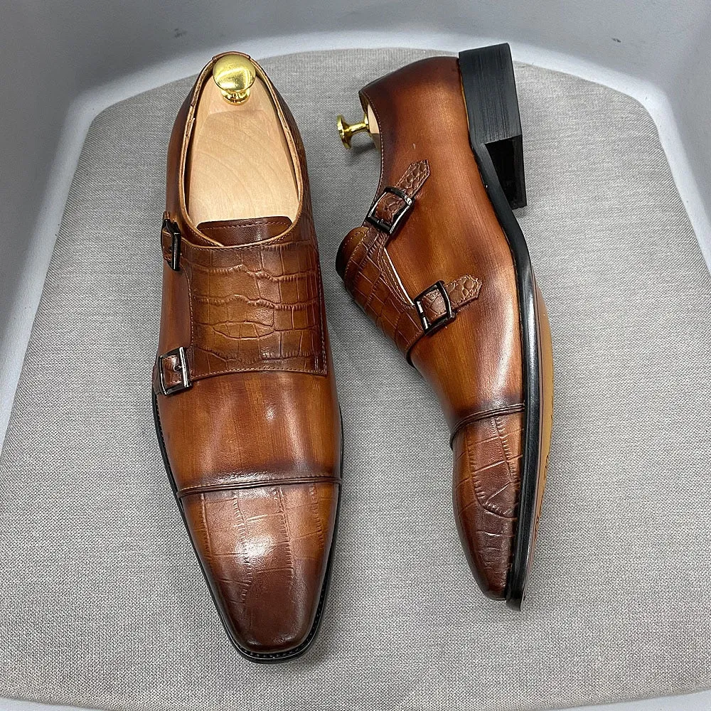 Croc-Embossed Veltique Monk Shoes