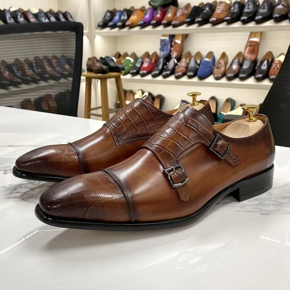 Croc-Embossed Veltique Monk Shoes