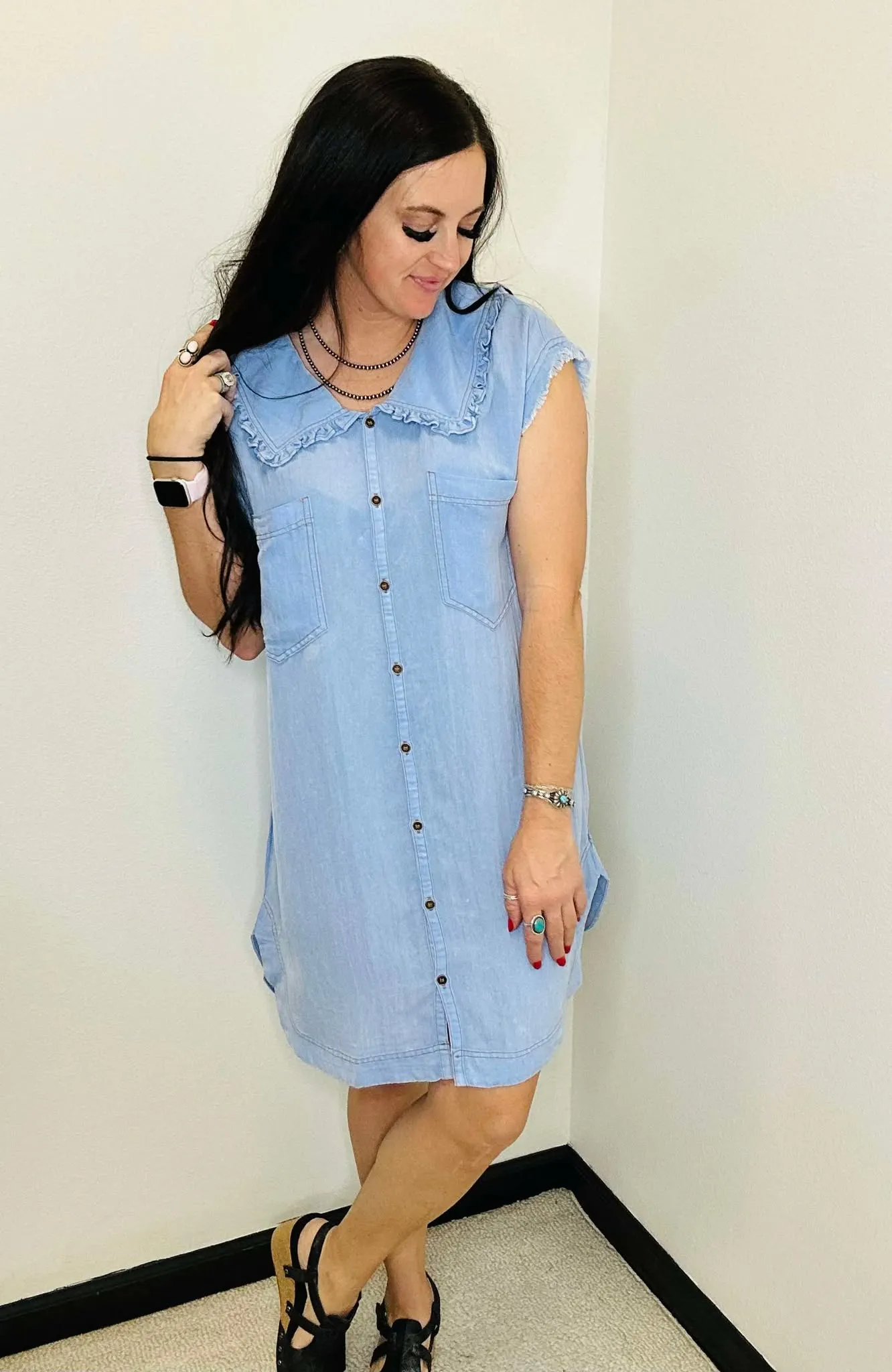 Delaney Denim Peter Pan Collar Shirt Dress