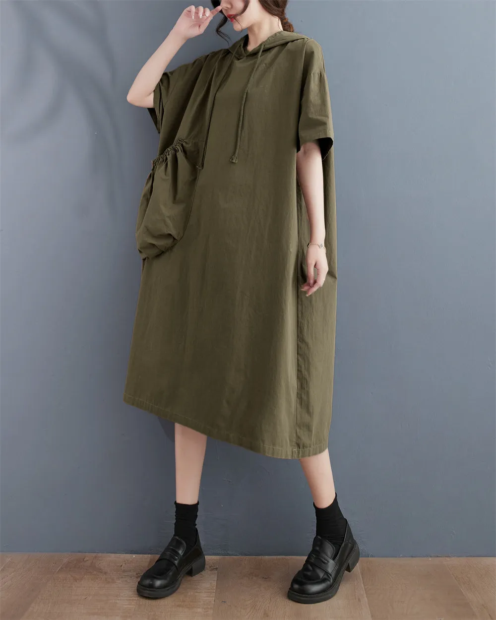 ellazhu Women's Summer Half Sleeve Midi Length Solid Color Dress with Hood GA2669