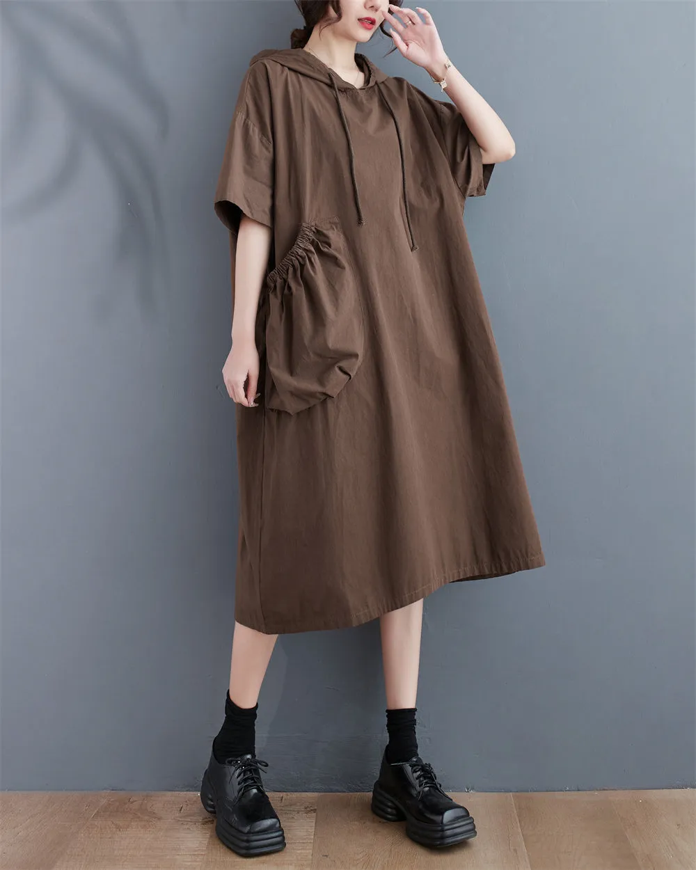 ellazhu Women's Summer Half Sleeve Midi Length Solid Color Dress with Hood GA2669