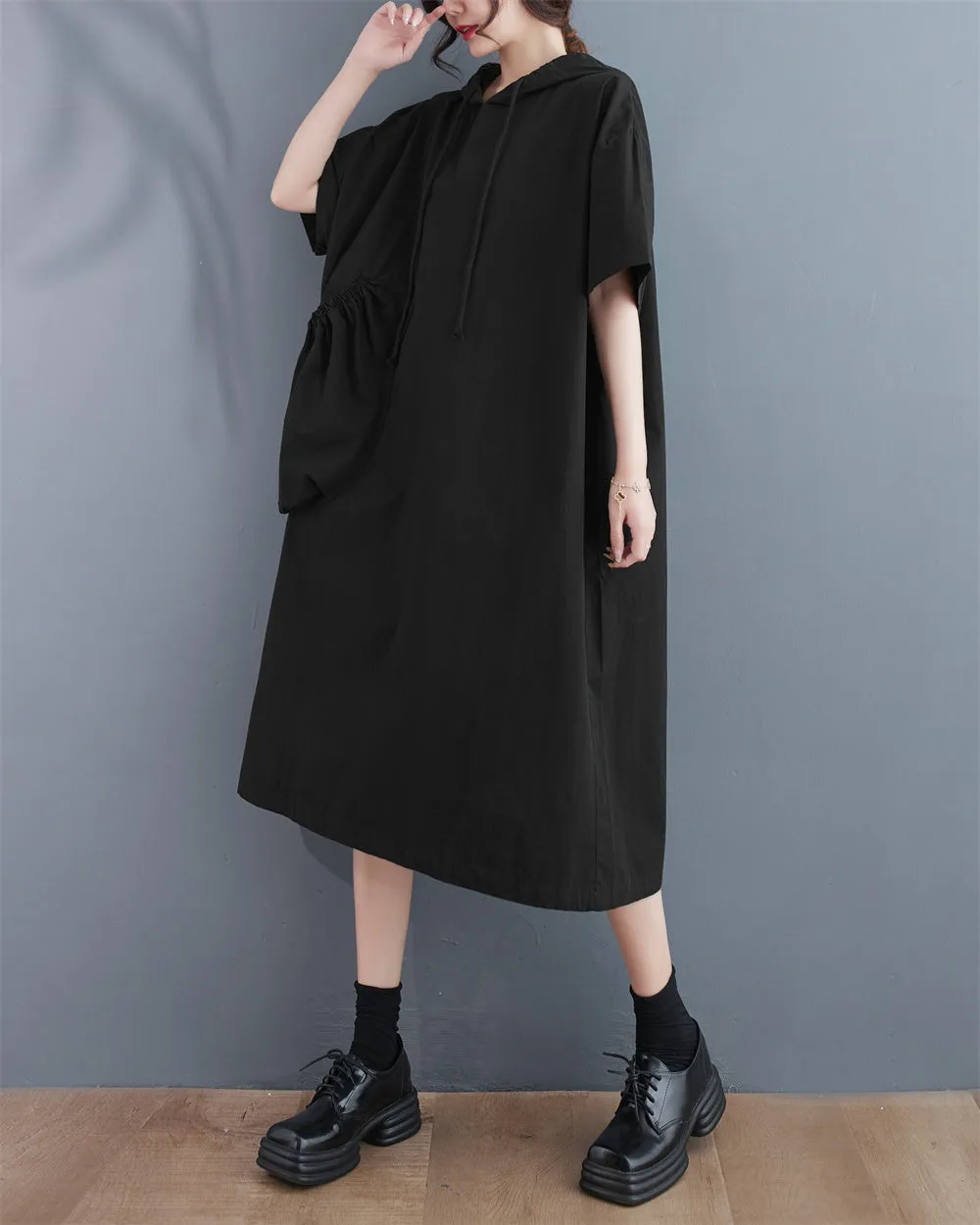 ellazhu Women's Summer Half Sleeve Midi Length Solid Color Dress with Hood GA2669