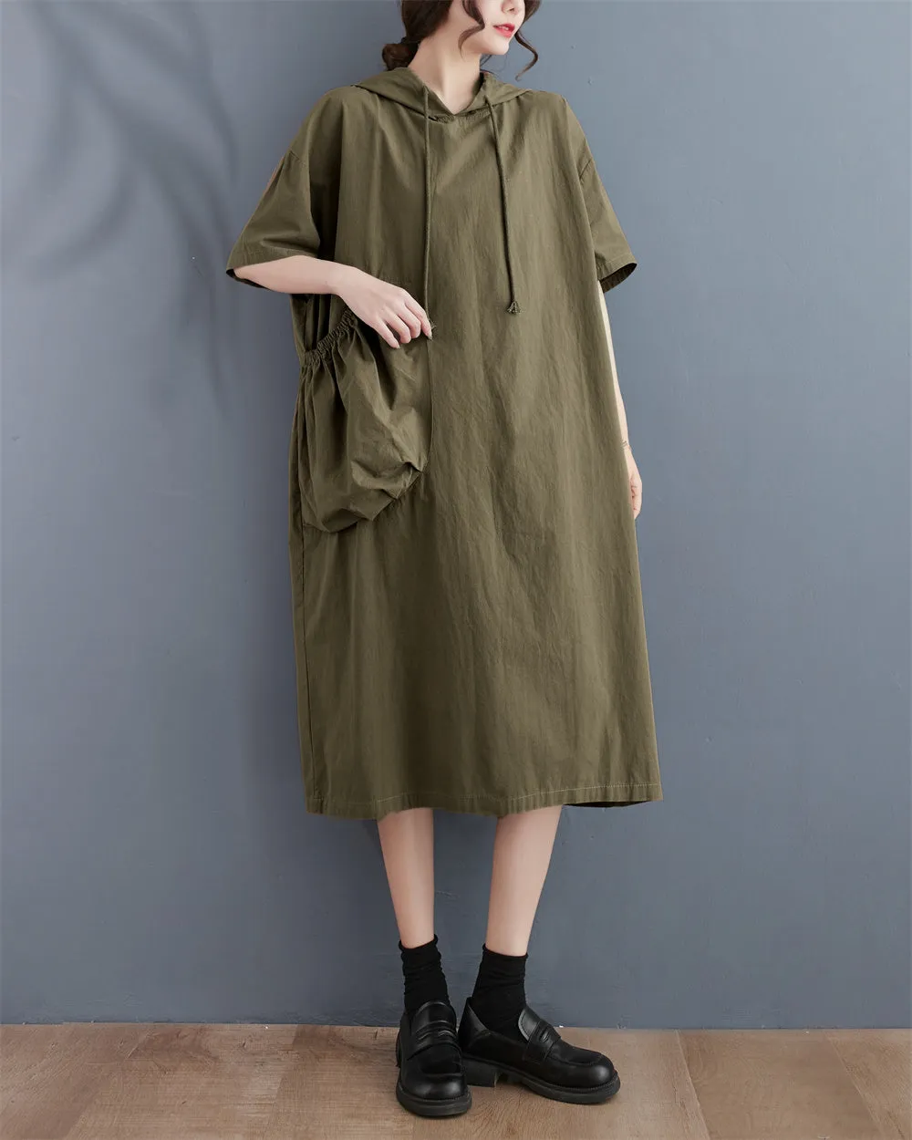 ellazhu Women's Summer Half Sleeve Midi Length Solid Color Dress with Hood GA2669