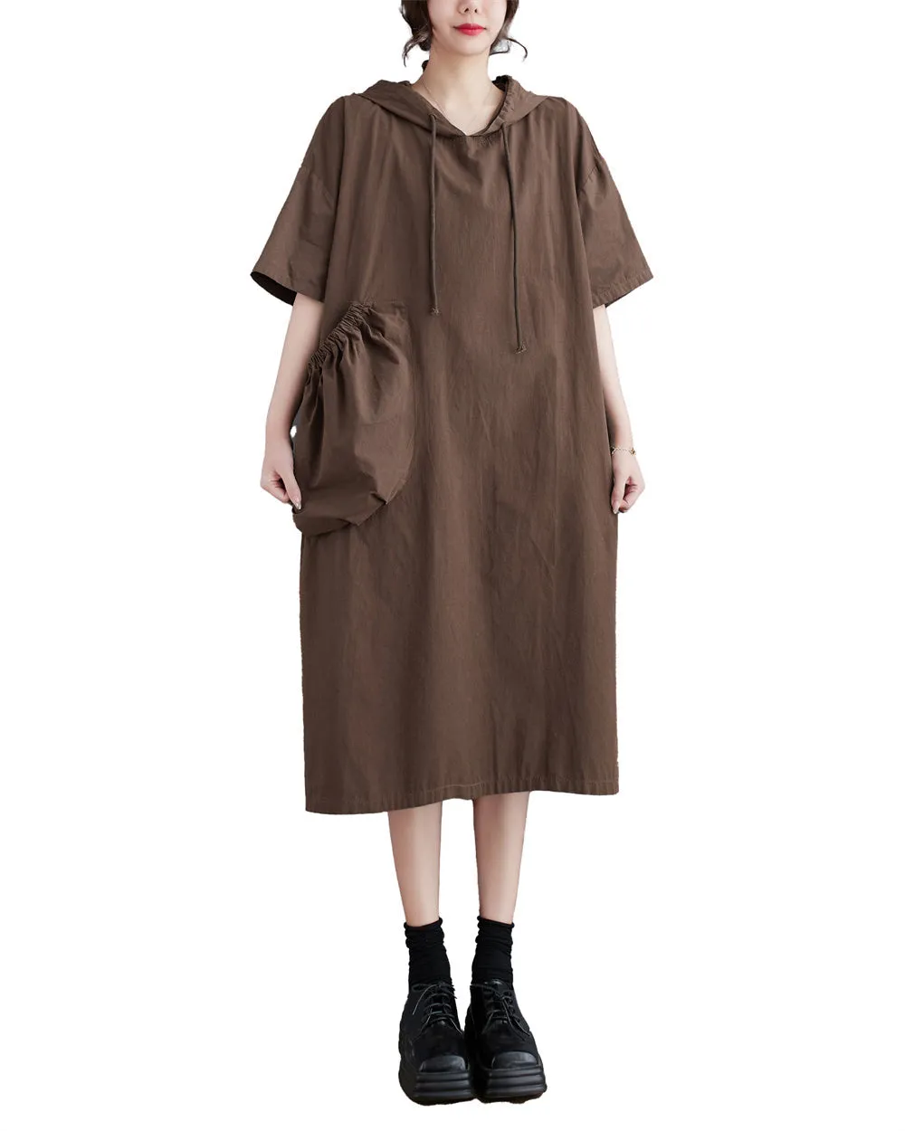 ellazhu Women's Summer Half Sleeve Midi Length Solid Color Dress with Hood GA2669
