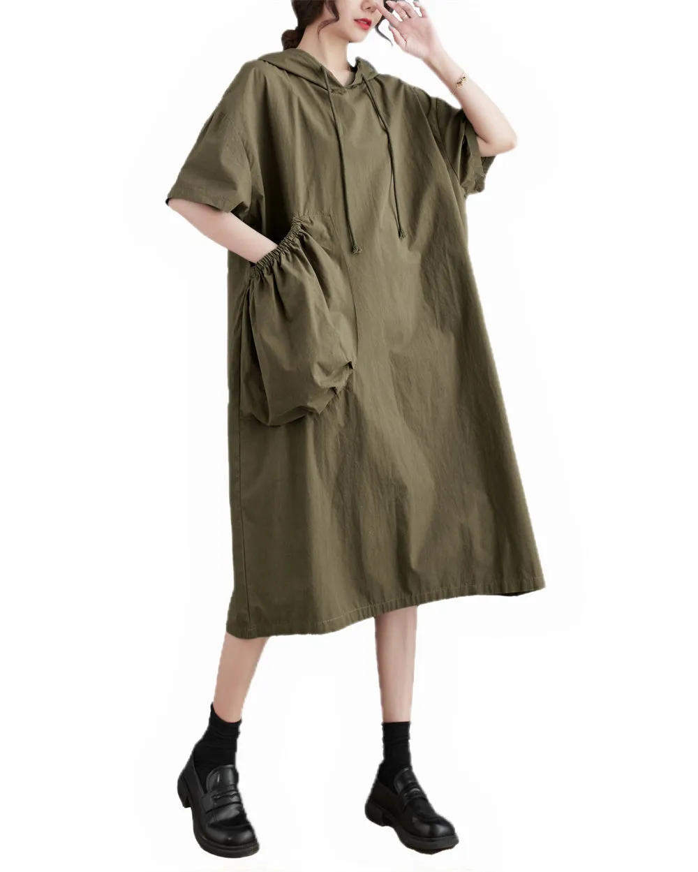 ellazhu Women's Summer Half Sleeve Midi Length Solid Color Dress with Hood GA2669
