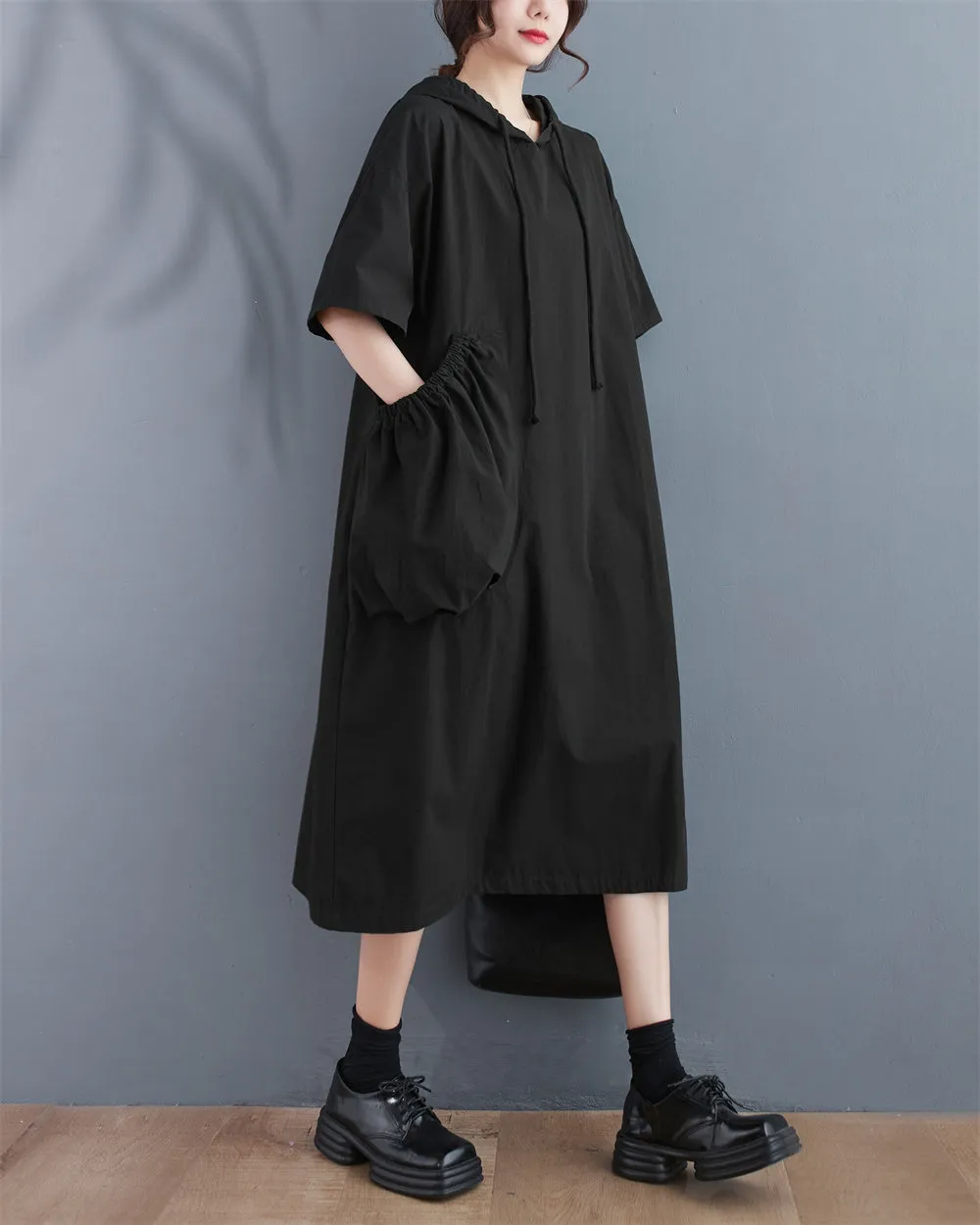ellazhu Women's Summer Half Sleeve Midi Length Solid Color Dress with Hood GA2669