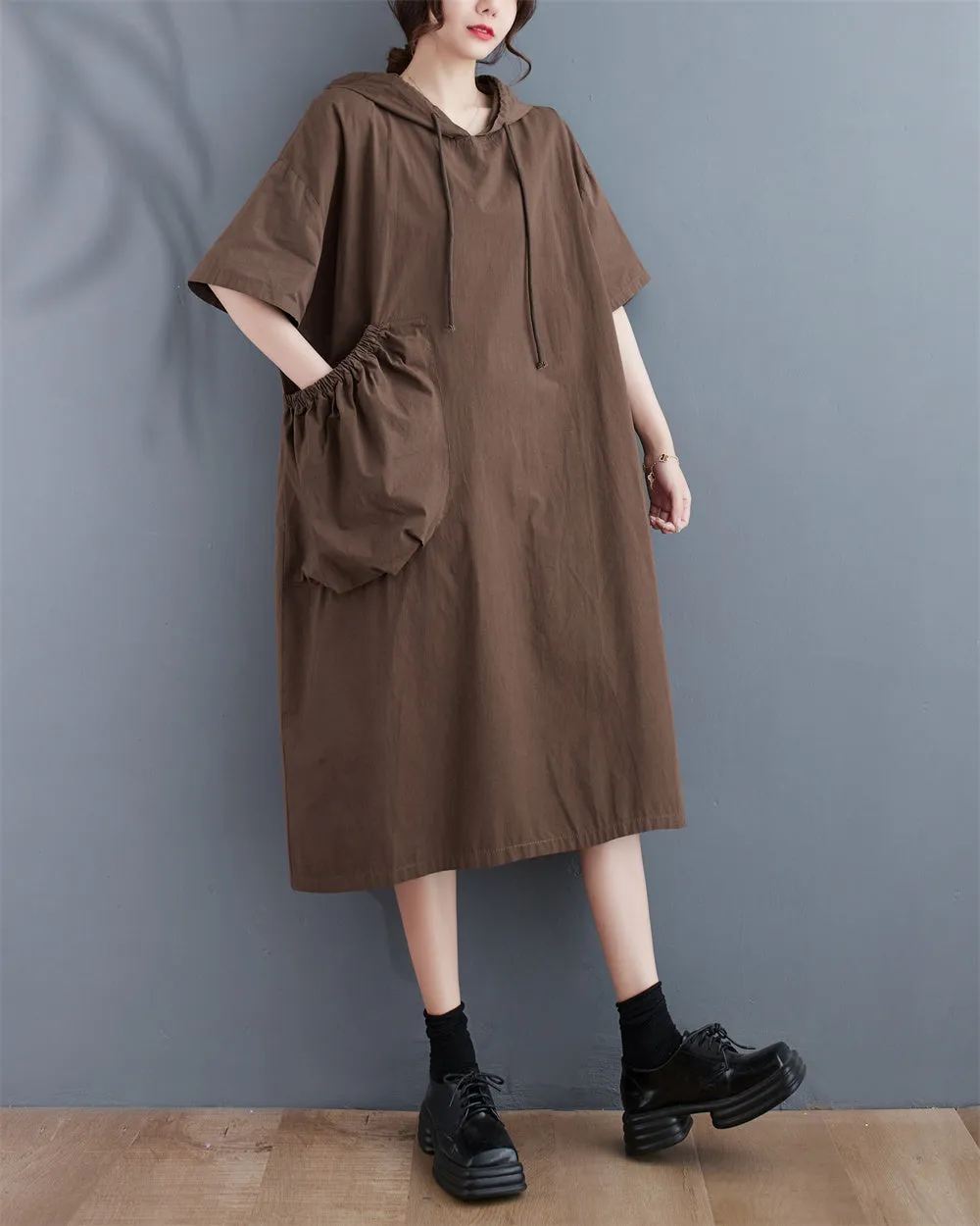 ellazhu Women's Summer Half Sleeve Midi Length Solid Color Dress with Hood GA2669