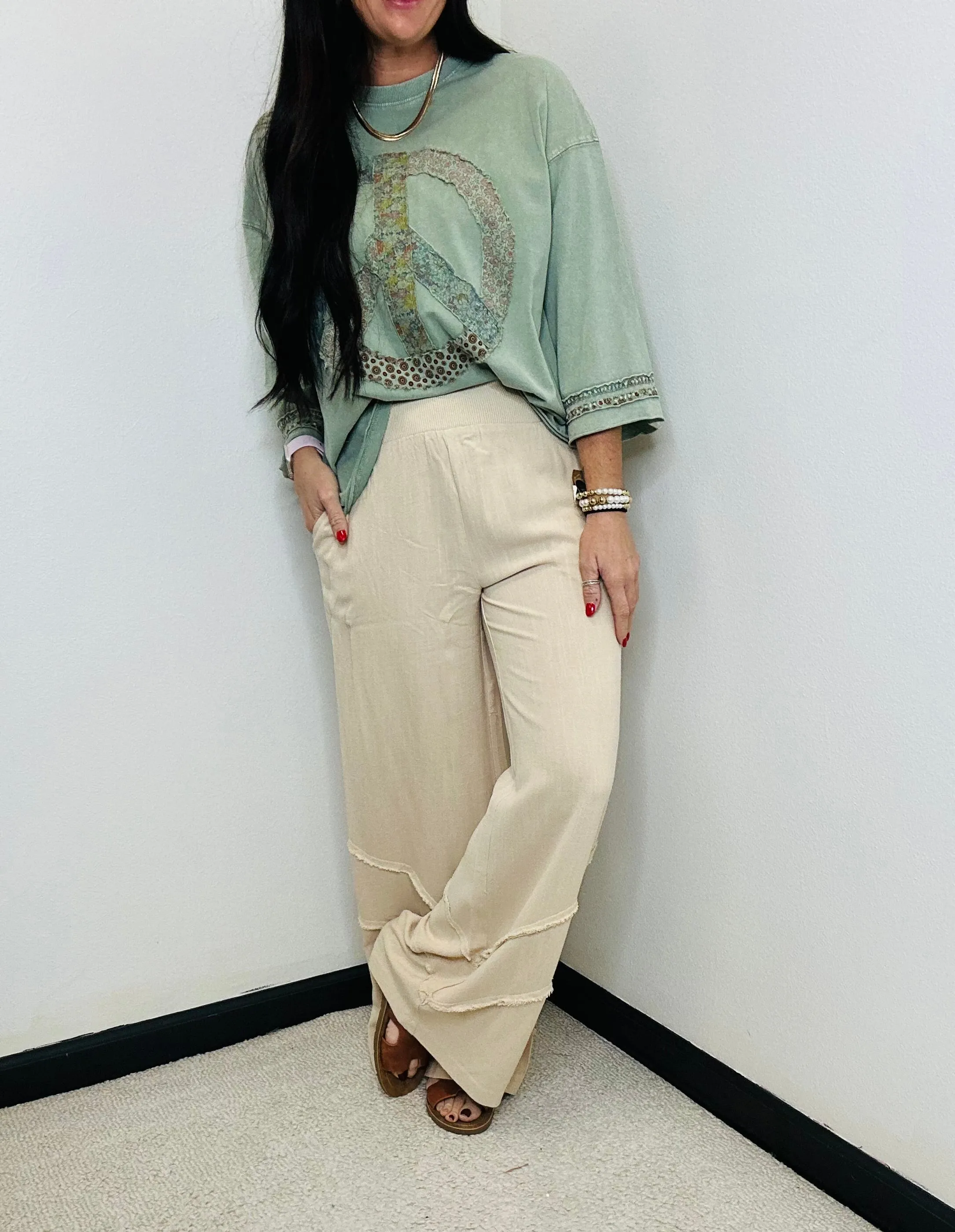 Flynn Frayed Linen Wide Leg Khaki Pants