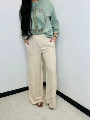 Flynn Frayed Linen Wide Leg Khaki Pants