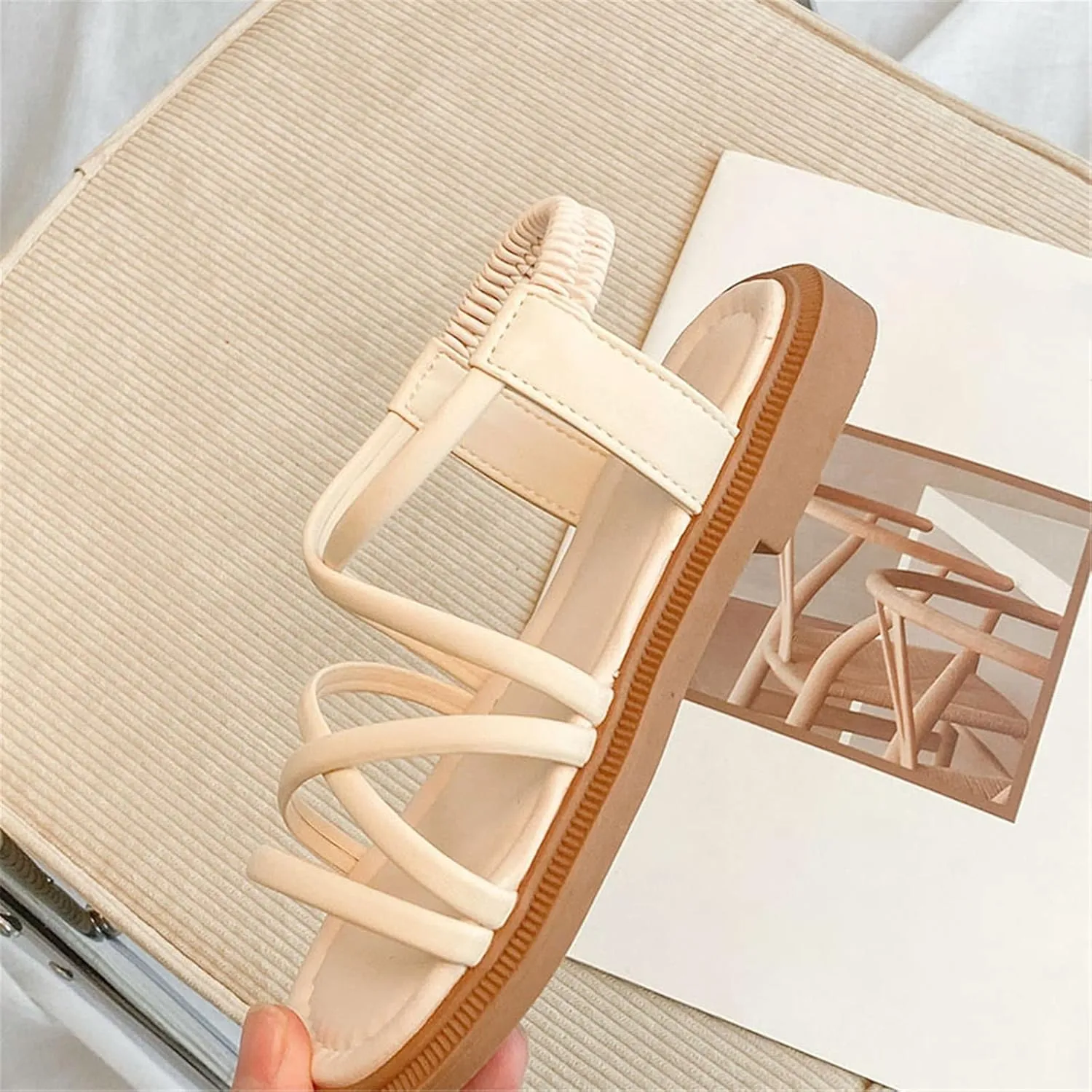 Girls Sandals Open Toe Elastic Ankle Strap Dress Shoes Slip On Beach Flat Sandals Anti-Slip Rubber Sole Sandal