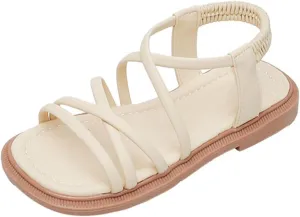 Girls Sandals Open Toe Elastic Ankle Strap Dress Shoes Slip On Beach Flat Sandals Anti-Slip Rubber Sole Sandal